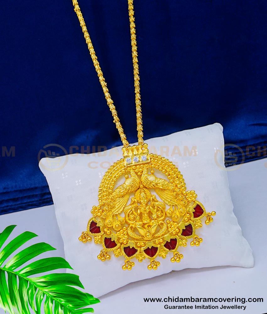 DCHN175 - Kerala Palakka Pendant Hand Work Peacock and Lakshmi Palakka Dollar with Long Chain Online palakka dollar. dollar chain, kerala palaka locket chain, red palaka chain,