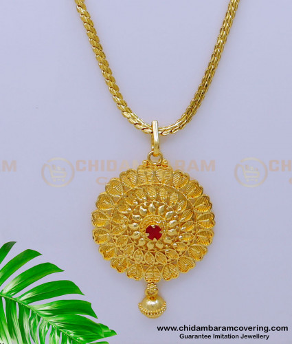 DCHN221 - Latest Ruby Stone Pendant with Gold Plated Long Chain for Ladies