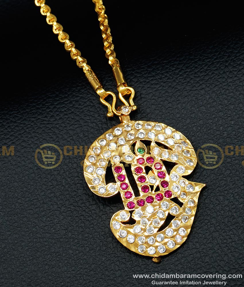 DLR094 - Impon Tamil OM White And Ruby Stone Dollar Design with Chain Buy Online impon 5 metal stone on dollar,