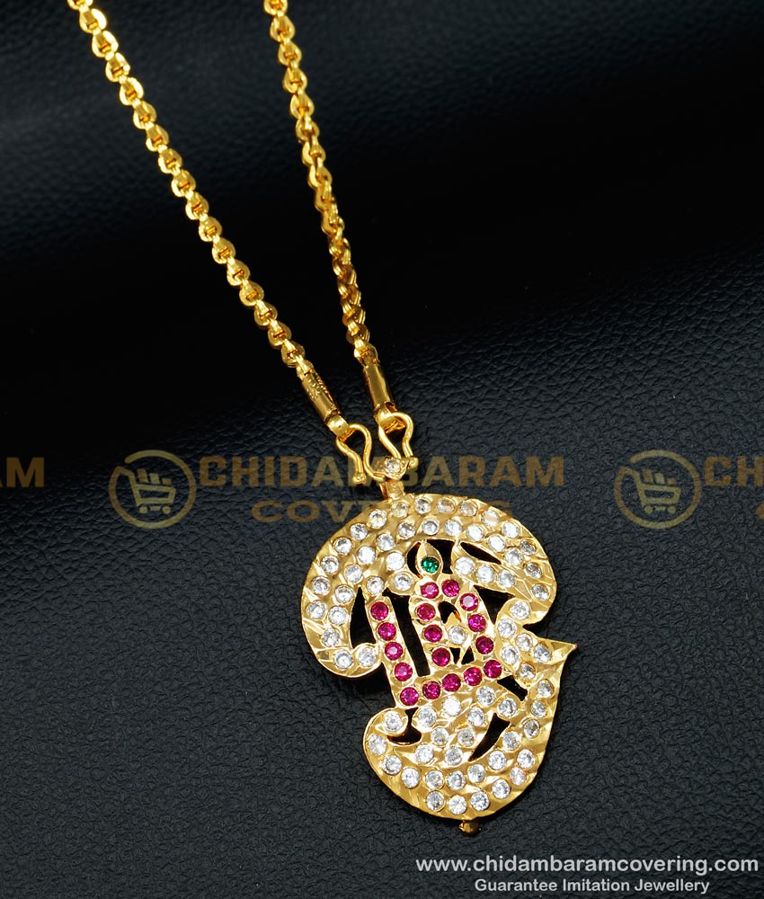 DLR094 - Impon Tamil OM White And Ruby Stone Dollar Design with Chain Buy Online impon 5 metal stone on dollar,