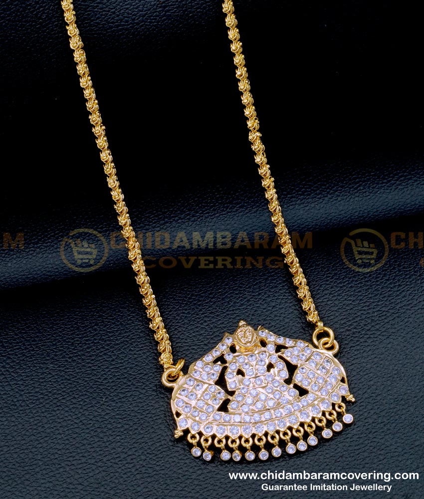 Gold Look White Stone Gajalakshmi Pendant with Long Chain Online