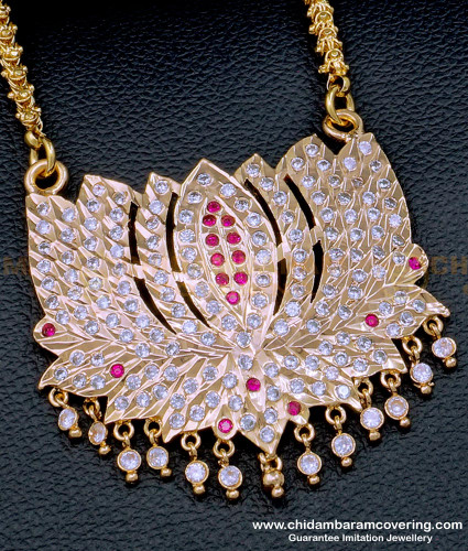 DLR189 - Impon White and Ruby Stone Big Lotus Design Dollar Chain for Ladies