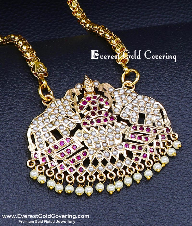 gajalakshmi dollar chain, gajalakshmi locket, gajalakshmi dollar chain gold, impon 5 metal jewellery, panchologam jewellery, dollar chain,