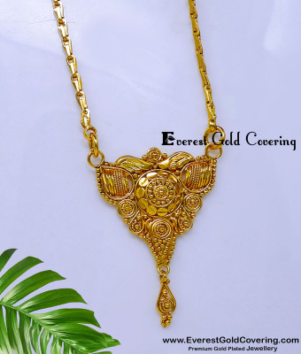 DCHN317 - Simple Gold Design Long Chain with Pendant for Saree