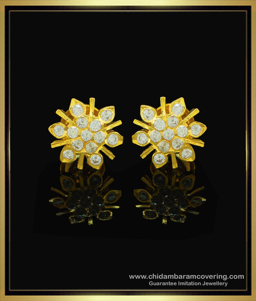 ERG1044 - Impon Real Gold Design Full White Stone One Gram Gold Five Metal Studs Online panchaloha white stone earrings, earring for women,