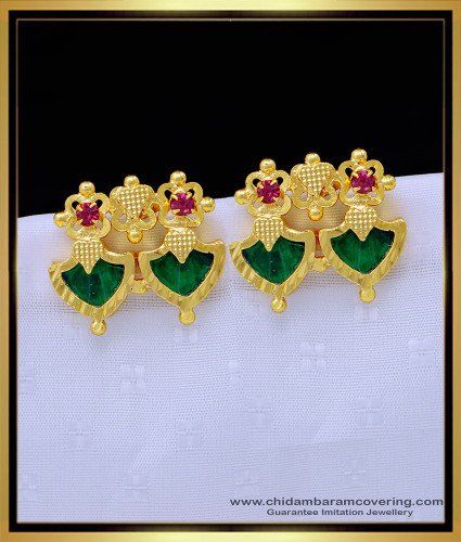 ERG1288 - Attractive Double Green Palakka Stud Earrings Kerala Traditional Jewellery Online