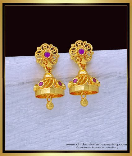 ERG1354 - First Quality Ruby Stone Jhumka Earrings One Gram Gold Jewellery