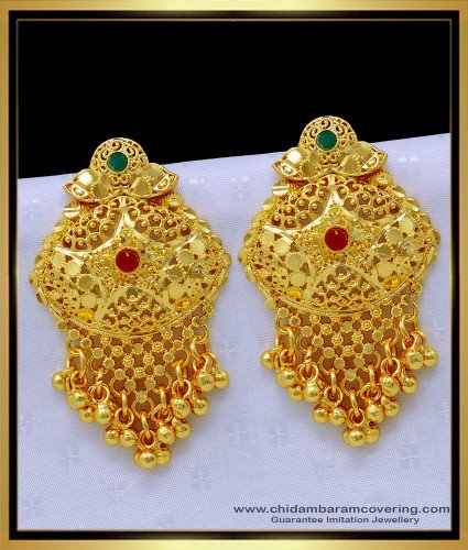 ERG1404 - Bridal Wear Real Gold Pattern One Gram Gold Forming Stone Big Dangle Earring Online