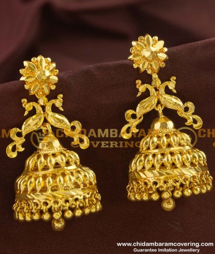ERG157 - 1 gm Gold Peacock Jhumka Earrings Design Indian Bridal Jewellery