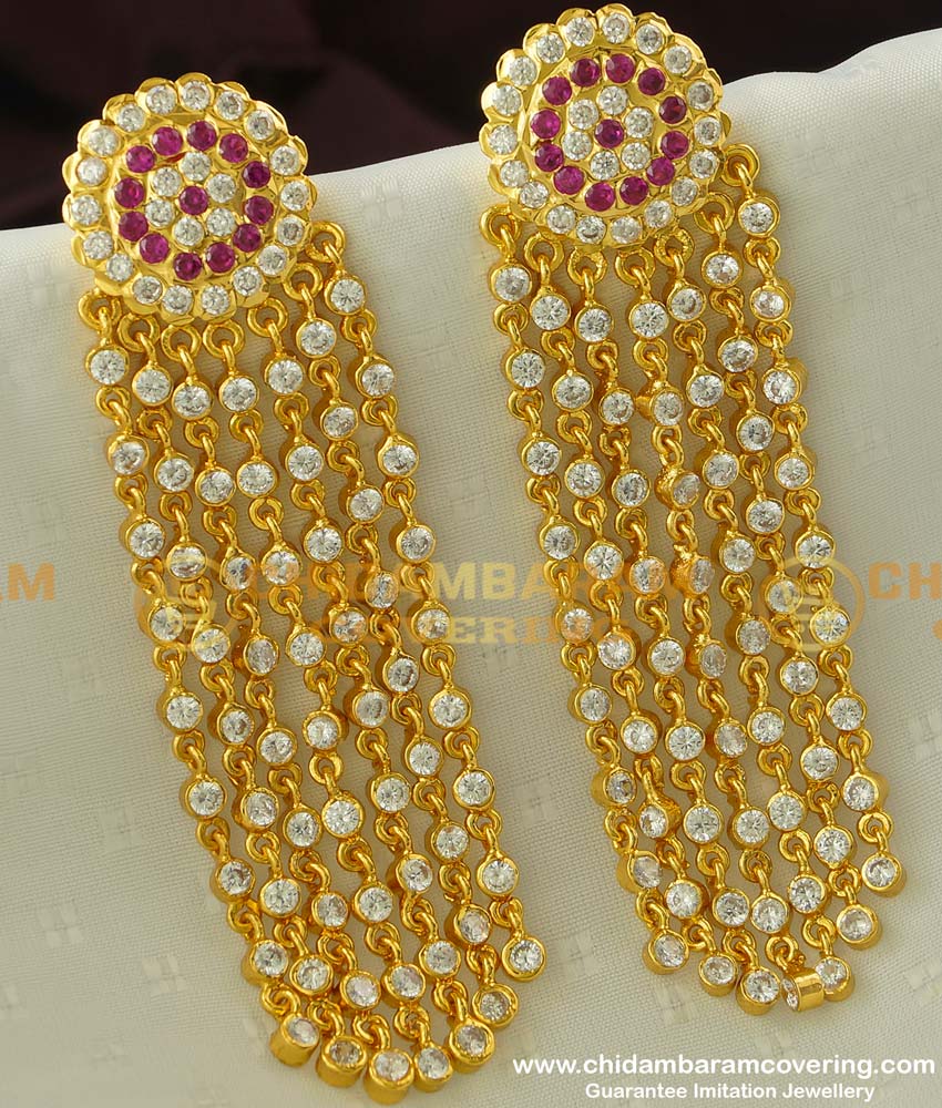 ERG280 - Most Beautiful Party Wear Impon Long Stone Chain Thick Metal Earring Buy Online