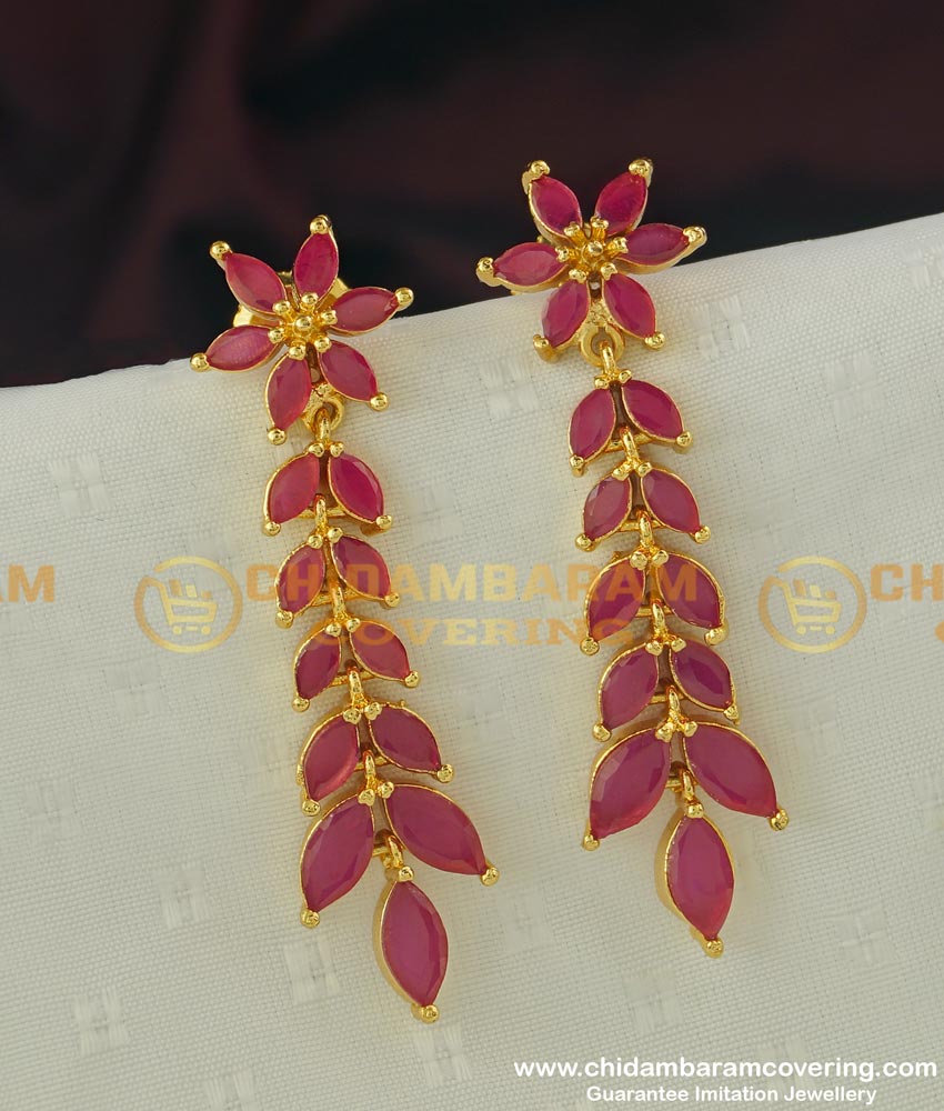 ERG309 - Trendy Full Ruby Stone Beautiful Flower Long Danglers Design Earring Buy Online