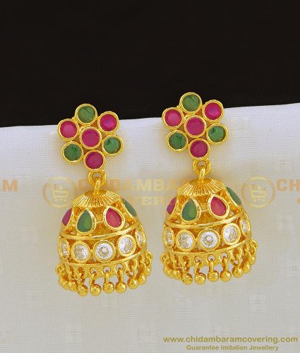 ERG789 - Bridal Wear Gold Jhumka Earring Ruby and Emerald Good Quality Jimikki Kammal Designs 