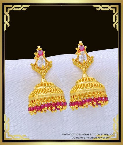 ERG992 - Traditional Indian Jewelry One Gram Gold Ad Stone Pink Crystal Jhumkas Design for Ladies 