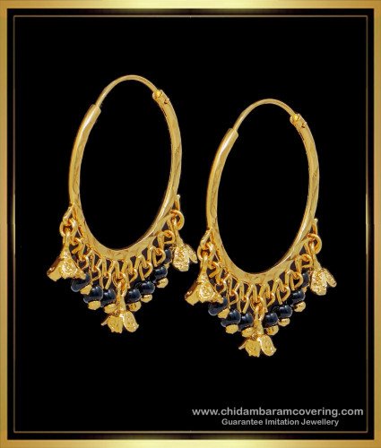 ERG1684 - Trendy Black Beads Big Round Hoop Earrings for Women