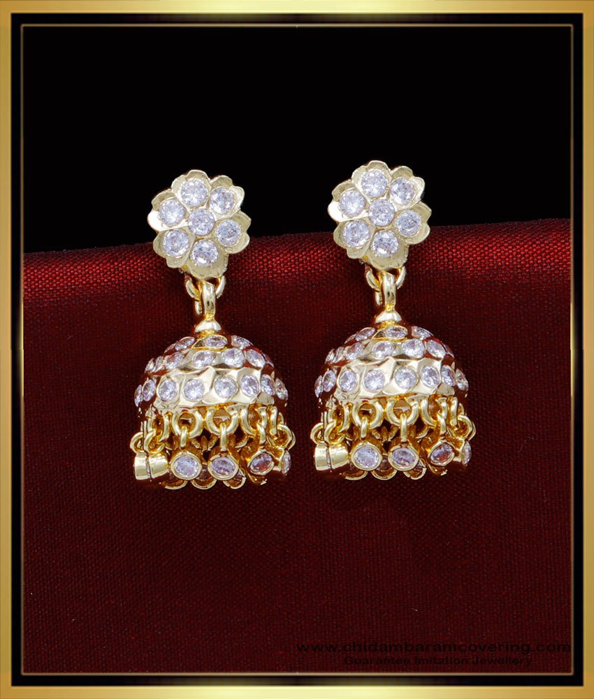 impon jhumkas, Impon jhumkas gold plated, traditional jhumkas online, stone earrings design, stone jhumka earrings, white stone jhumka earrings