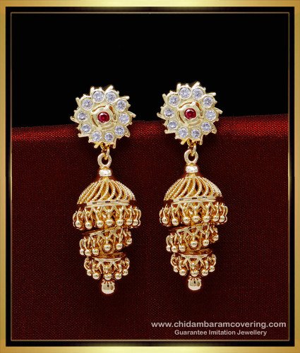 ERG1835 - Impon Stone Layer Jhumka Earrings Gold Design for Wedding 