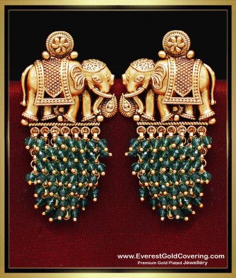 ERG2496 - Latest Elephant Design Antique Green Beads Earrings