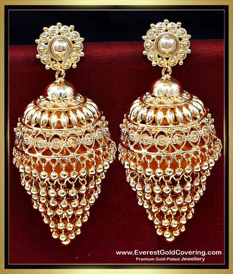 jhumka design gold earrings, traditional jhumkas online, 1 gram gold earrings online, gold plated jhumka earrings, jimikki kammal designs, bridal jhumkas online shoppin