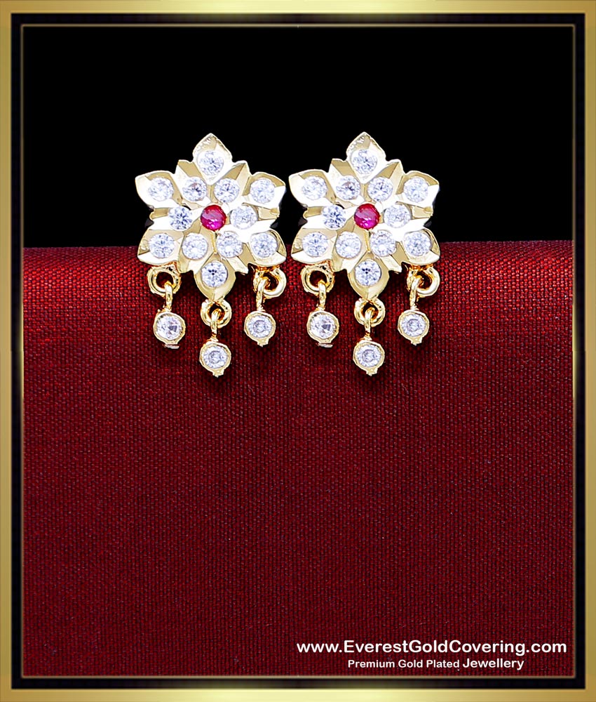 flower stud white stone gold earrings design