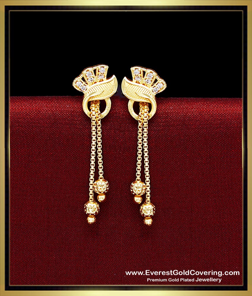 Gold Design White Stone Long Chain Earrings for Girls simple modern unique gold earrings design