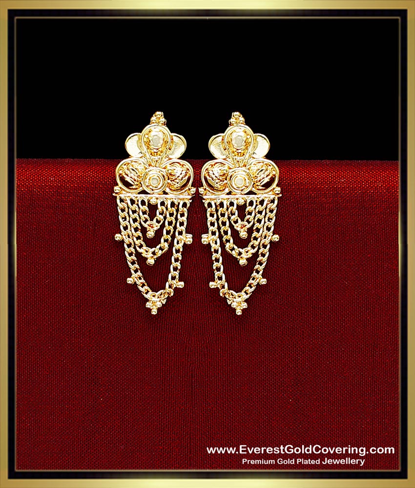Traditional Chain Hanging Daily Wear Gold Stud Earrings Gold Plated 1 Gram Gold Simple Daily Wear Earrings