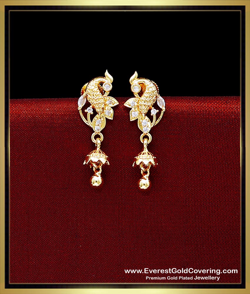 Unique White Stone Peacock Design Earrings for Girls gold plated peacock earrings design