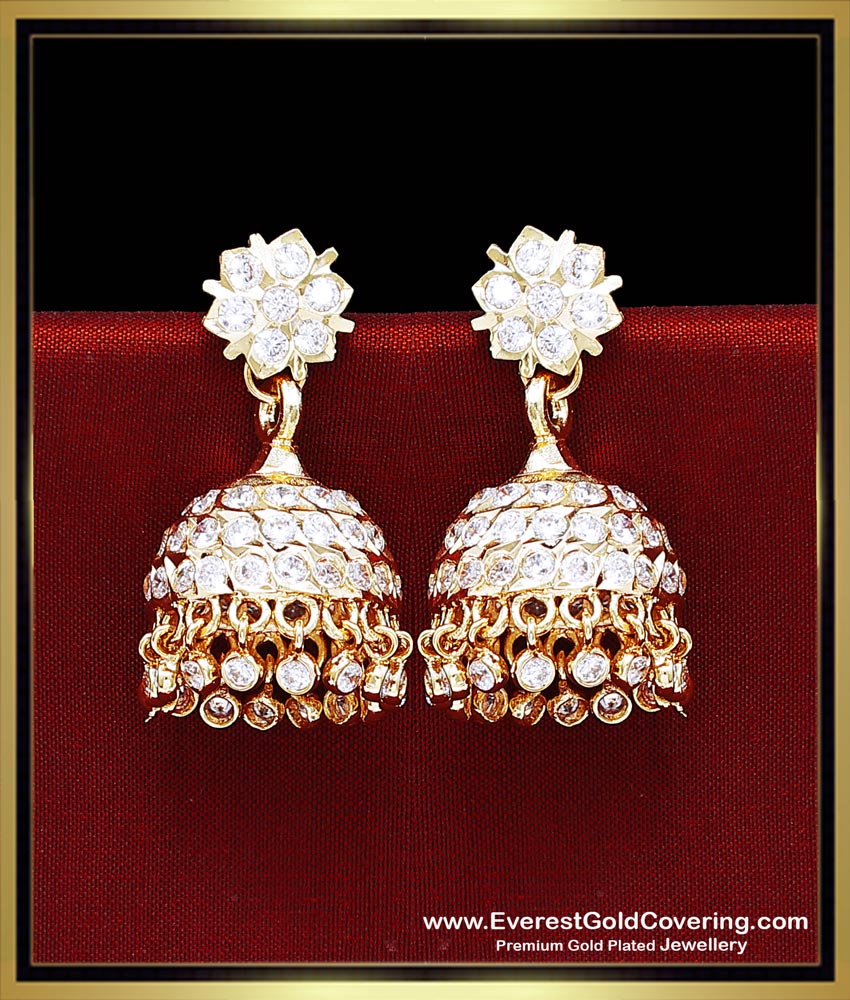 Impon Bridal Wear Gold Earring Design White Stone Jhumkas impon jewellery, gold earring patterns, jhumkas online, jhumkas gold, jhumkas for women, impon jhumki, impon big jhumkas, impon Jimiki, stone jhumka earrings, bridal gold jhumka design