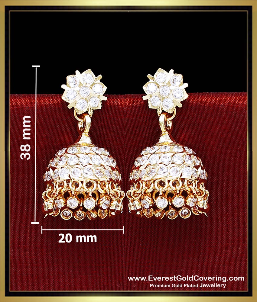 Impon Bridal Wear Gold Earring Design White Stone Jhumkas impon jewellery, gold earring patterns, jhumkas online, jhumkas gold, jhumkas for women, impon jhumki, impon big jhumkas, impon Jimiki, stone jhumka earrings, bridal gold jhumka design
