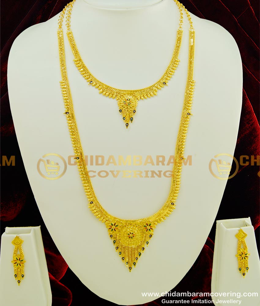 HRM344 - Gold Forming Haram Gold Look Enamel Finish Flower Design Long Haram with Necklace Earrings Combo Set HRM344 - Gold Forming Haram Gold Look Enamel Finish Flower Design Long Haram with Necklace Earrings Combo Set