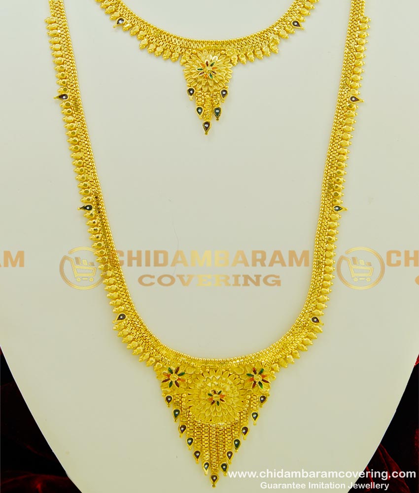 HRM344 - Gold Forming Haram Gold Look Enamel Finish Flower Design Long Haram with Necklace Earrings Combo Set HRM344 - Gold Forming Haram Gold Look Enamel Finish Flower Design Long Haram with Necklace Earrings Combo Set