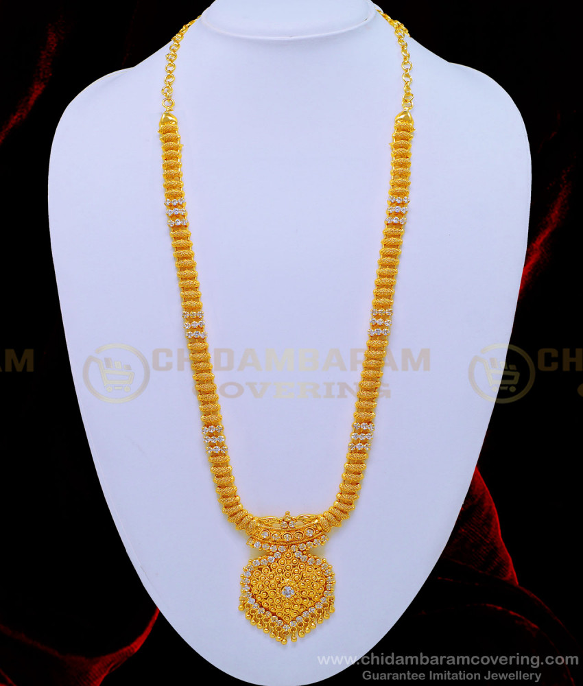 HRM580 - South Indian Jewellery Gold Look White Stone Long Chain Haram Buy Online new model haram, stone haram, white stone haram,