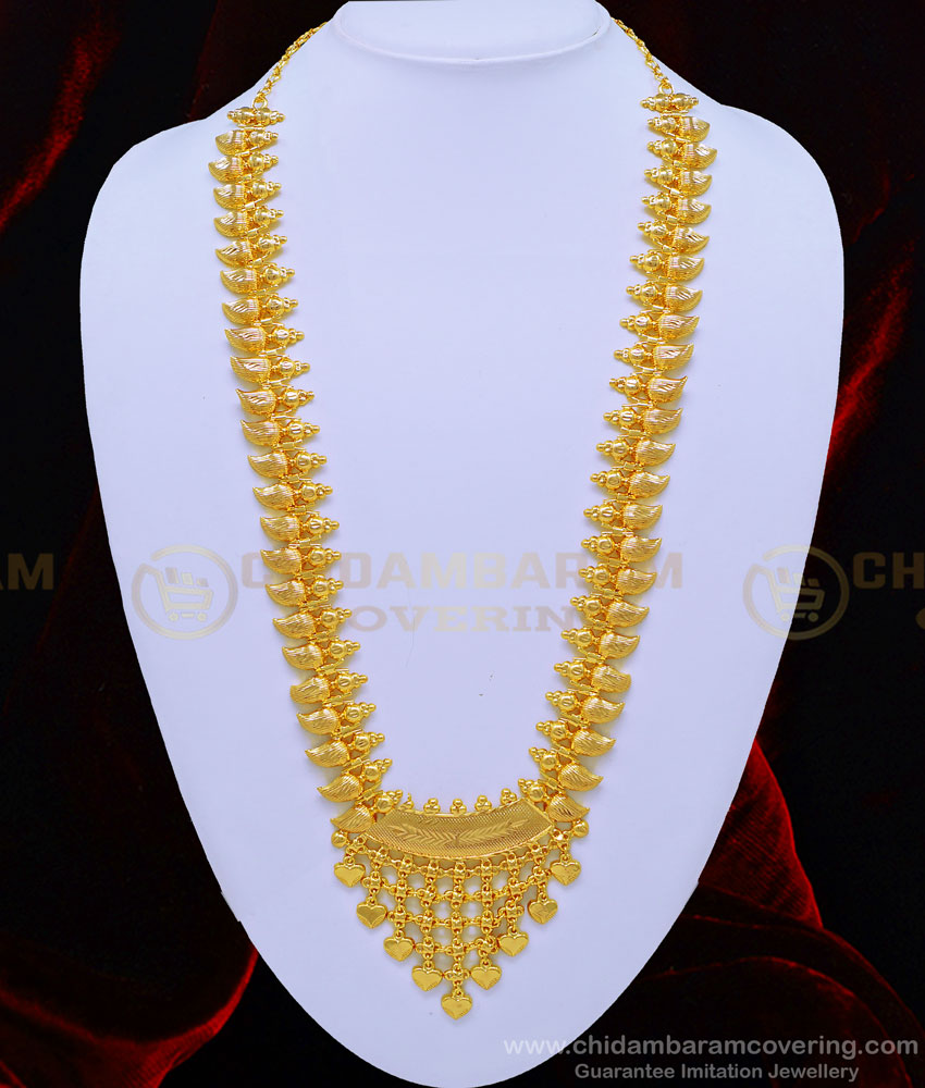 HRM595 - Kerala Jewellery Bridal Wear Latest Light Weight Gold Haram Design for Women one gram gold jewellery, show mala gold, 1 gram gold jewelry, chidambaram covering, imitation jewellery, kerala haram, mango mala, gold covering,