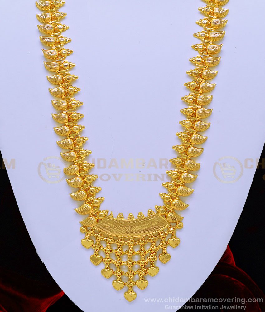 HRM595 - Kerala Jewellery Bridal Wear Latest Light Weight Gold Haram Design for Women one gram gold jewellery, show mala gold, 1 gram gold jewelry, chidambaram covering, imitation jewellery, kerala haram, mango mala, gold covering,