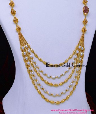 HRM1180 - Latest Layered Gold Chandra Haram with Pearl Designs