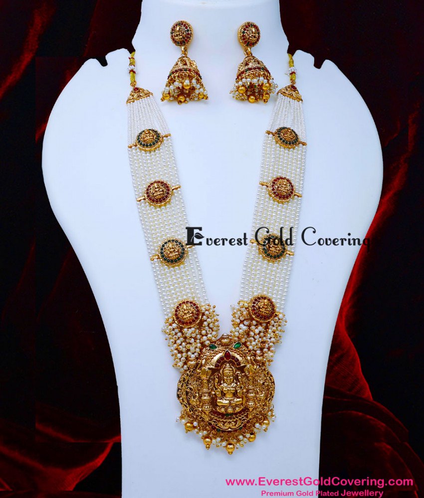 traditional pearl necklace with lakshmi pendant