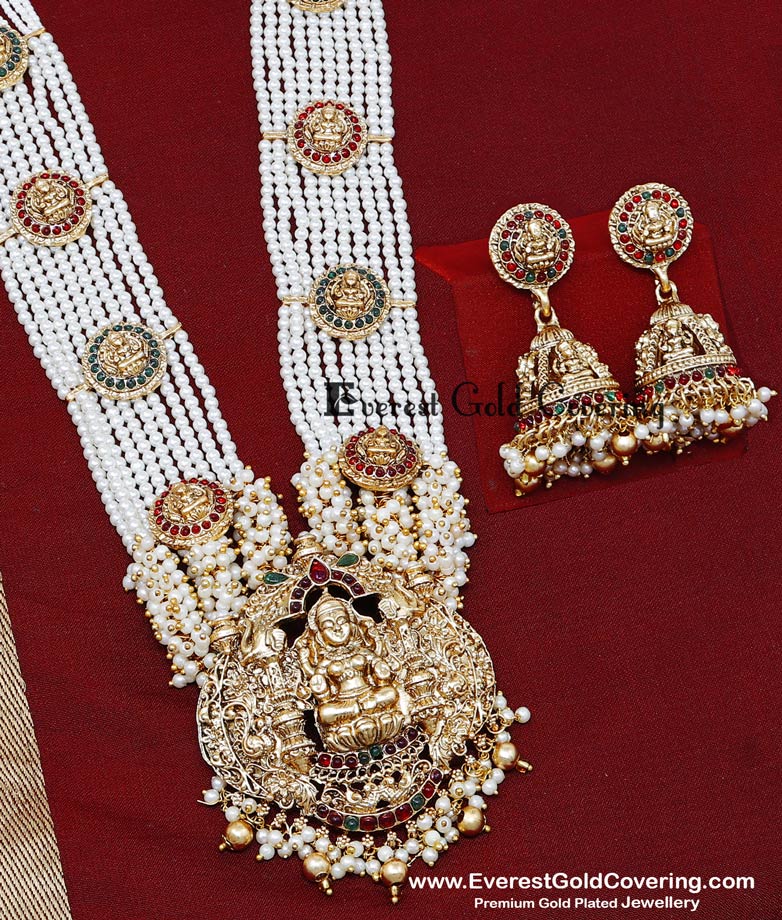 traditional pearl necklace with lakshmi pendant