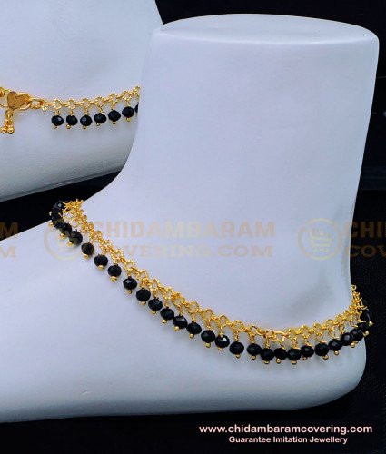 ANK106 - 9.5 Inches Trendy Black Crystal Anklet Designs Gold Plated Black Beads Payal Design Online