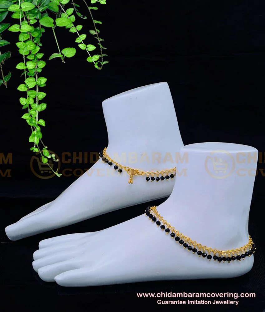 Buy Trendy Black Crystal Anklet Designs Gold Plated Black Beads Payal buy-trendy-black-crystal-anklet-designs-gold-plated-black-beads-payal