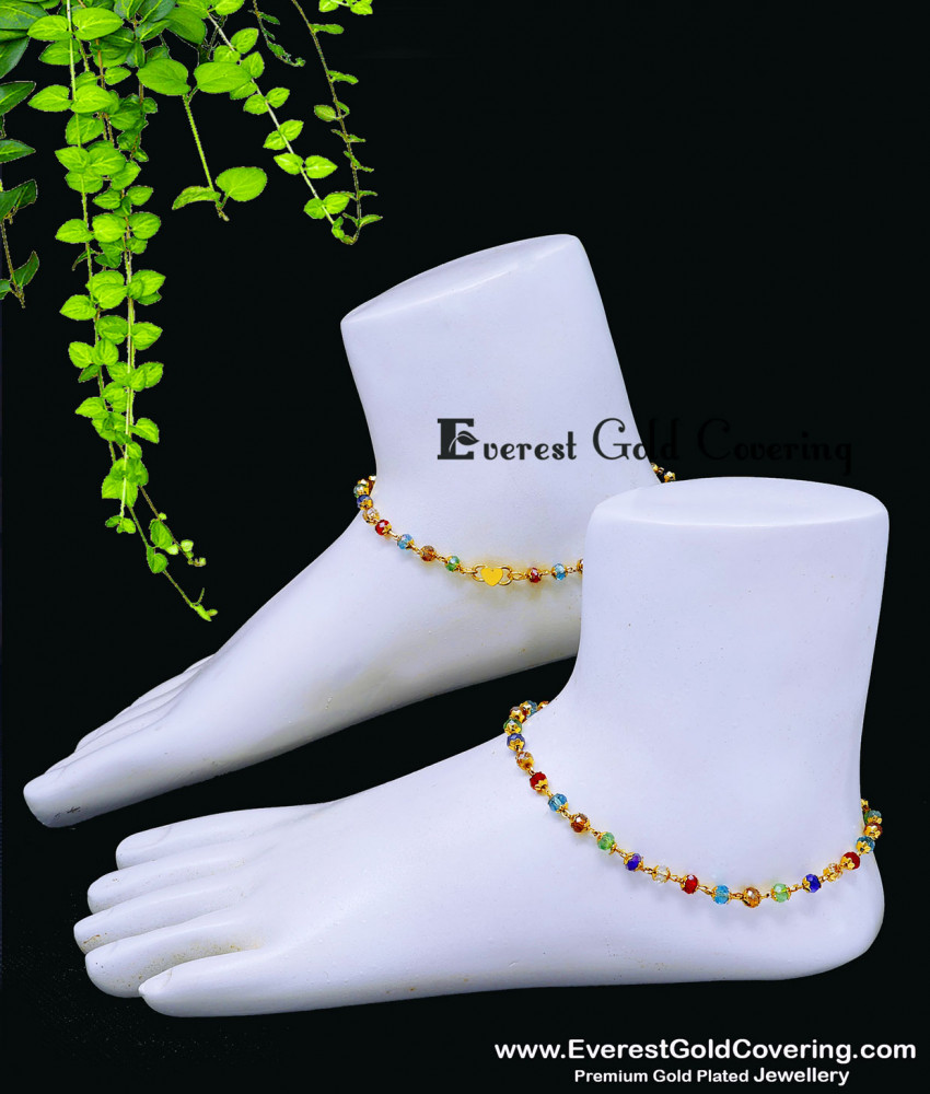Trendy Gold Plated Multi Colour Crystal Beads Anklet Design Gold Plated Crystal Beads Anklet for Women