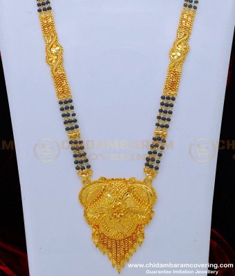 BBM1038 - 30 Inches Real Gold Design Daily Wear Plain Flower Pendant 3 Line Long Mangalsutra Designs 