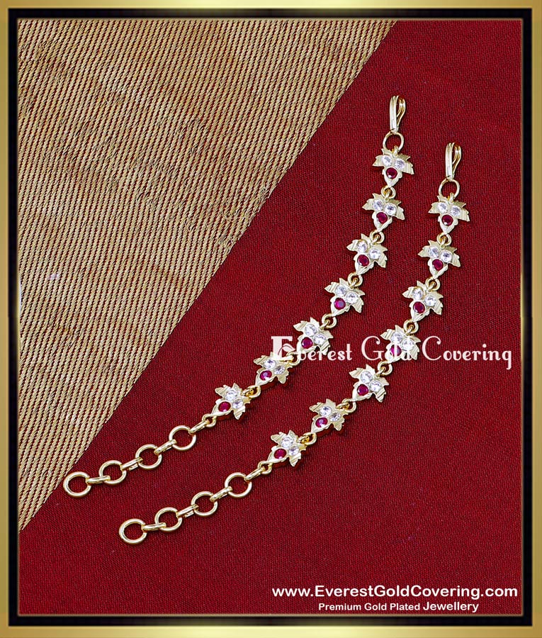 1 Gram Gold Impon White and Ruby Stone Ear Chain Online Impon stone mattal gold plated