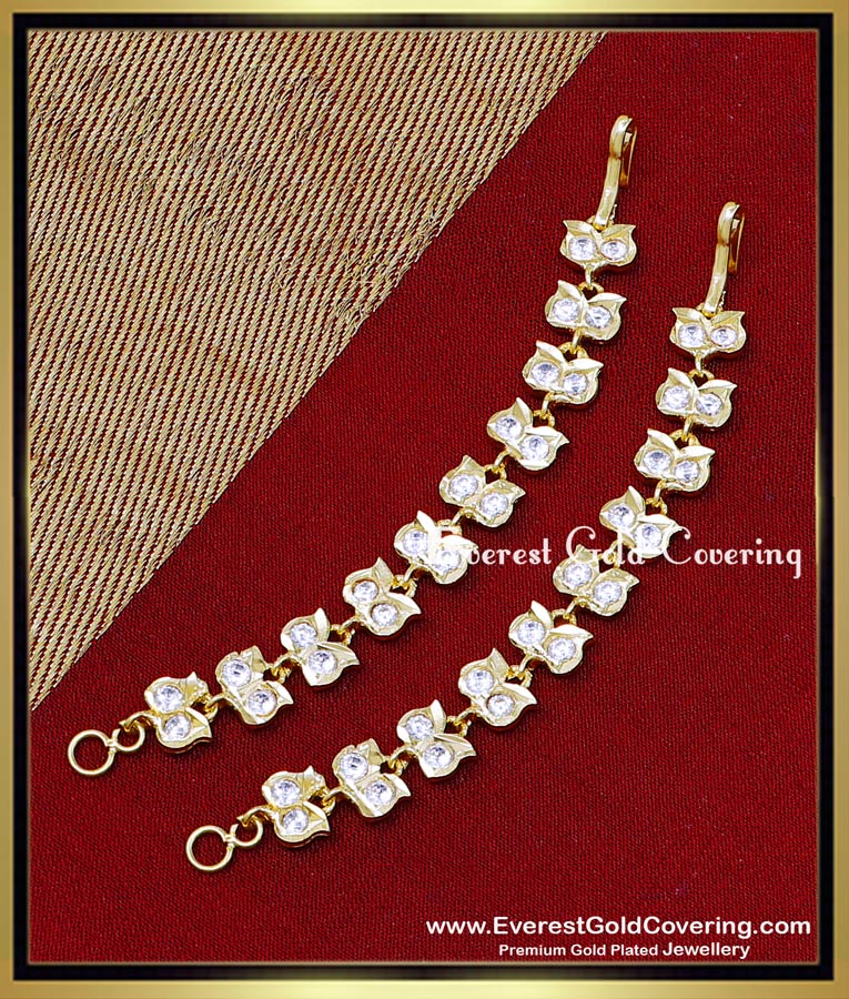 Bridal Wear Gold Plated White Leaf Panchaloha Mattal ear chain designs panchaloha mattal