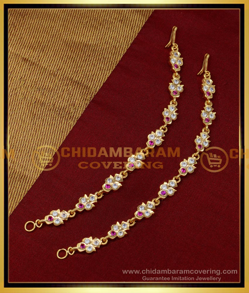 MAT165 - South Indian Impon Jewellery White and Ruby Stone Ear Chain Mattal for Earrings matilu design, kan chain gold, thick metal mattal, aiympon mattal, five metal leaf mattal, handmade mattal, Impon mattal,Ear Chain for