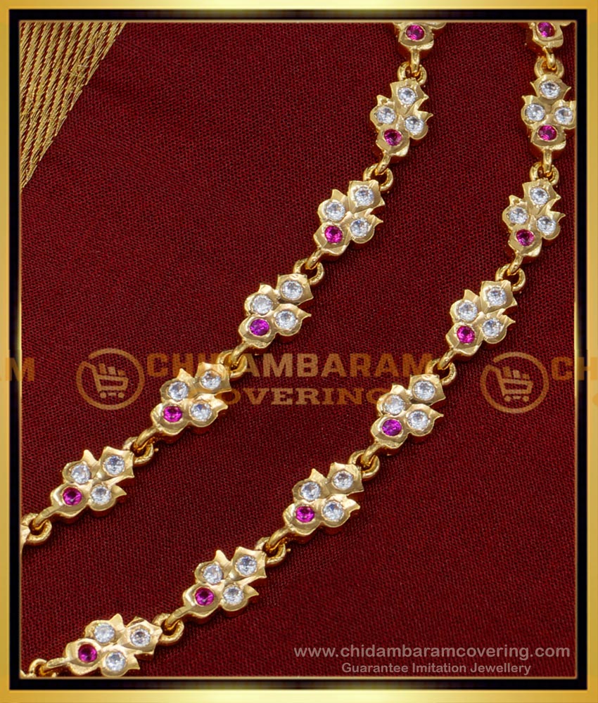 MAT165 - South Indian Impon Jewellery White and Ruby Stone Ear Chain Mattal for Earrings matilu design, kan chain gold, thick metal mattal, aiympon mattal, five metal leaf mattal, handmade mattal, Impon mattal,Ear Chain for