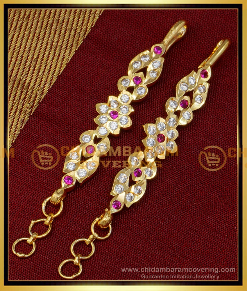 MAT168 - Attractive White and Ruby Stone Impon Straight Mattal One Gram Gold Ear Chain matilu design, one gram gold jewellery, champaswarlu, ear chain, Straight Mattal, impon jewellery, Straight Mattal