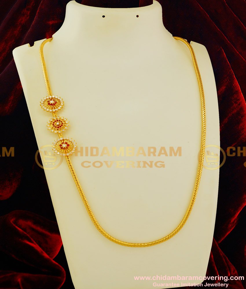 MCHN114 - Trendy New Collection Red and White Stone Floral Design Thali Chain Side Mugappu Online