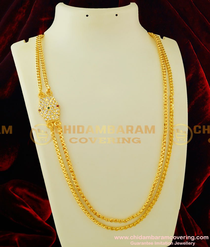 MCHN130 - Beautiful Impon Multi Stone Side Pendant Double Chain String Mugappu Chain Collections Online MCHN130 - Beautiful Impon Multi Stone Side Pendant Double Chain String Mugappu Chain Collections Online