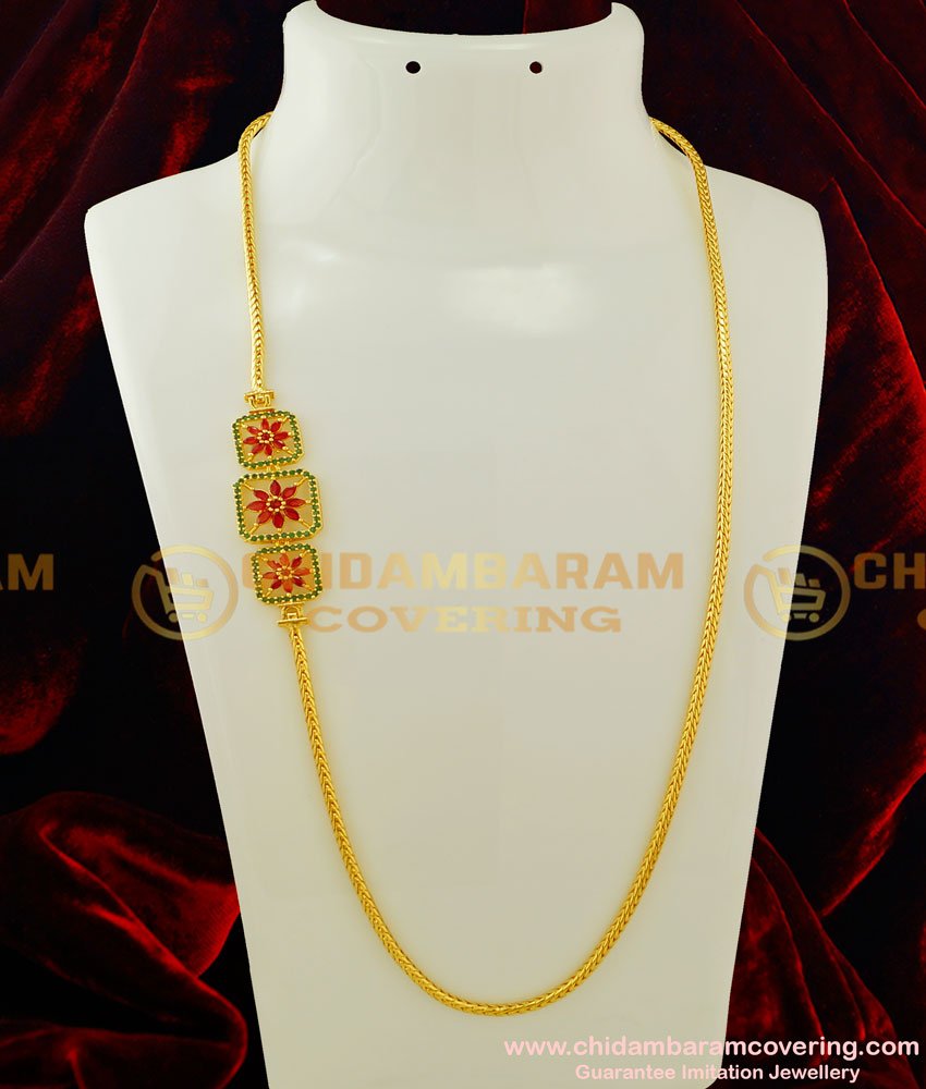 MCHN153 - Latest Daily Wear Ruby Emerald Flower Design Side Mugappu Chain for Women MCHN153 - Latest Daily Wear Ruby Emerald Flower Design Side Mugappu Chain for Women