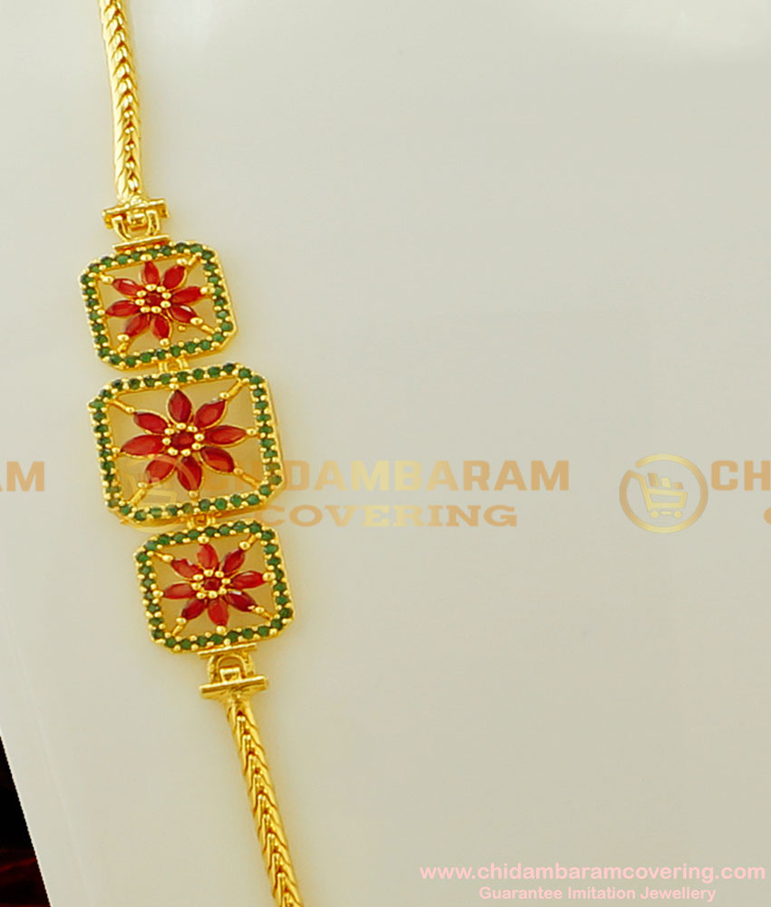 MCHN153 - Latest Daily Wear Ruby Emerald Flower Design Side Mugappu Chain for Women MCHN153 - Latest Daily Wear Ruby Emerald Flower Design Side Mugappu Chain for Women