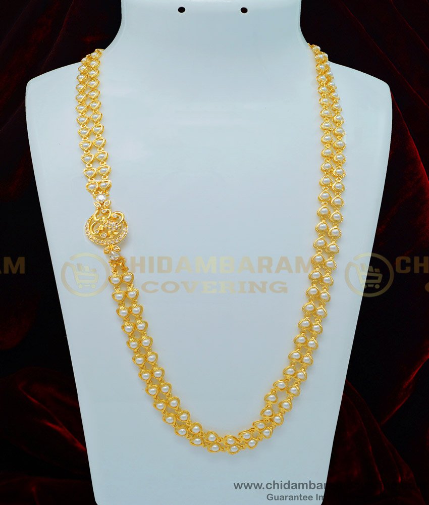 MCHN337 - Latest White Stone Elephant Design White Beads Mugappu Chain Collections Online muthu mala, white pearl chain, moti chain,gold,